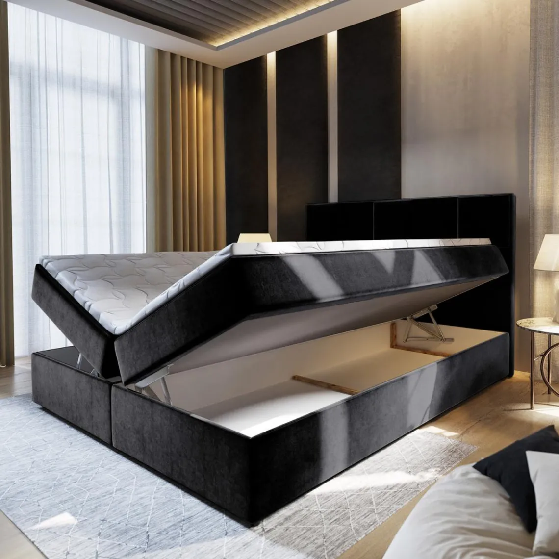 3S. x Home Lit boxspring avec matelas et sur-matelas inclus PRATA 180x220cm Velours Noir Sale