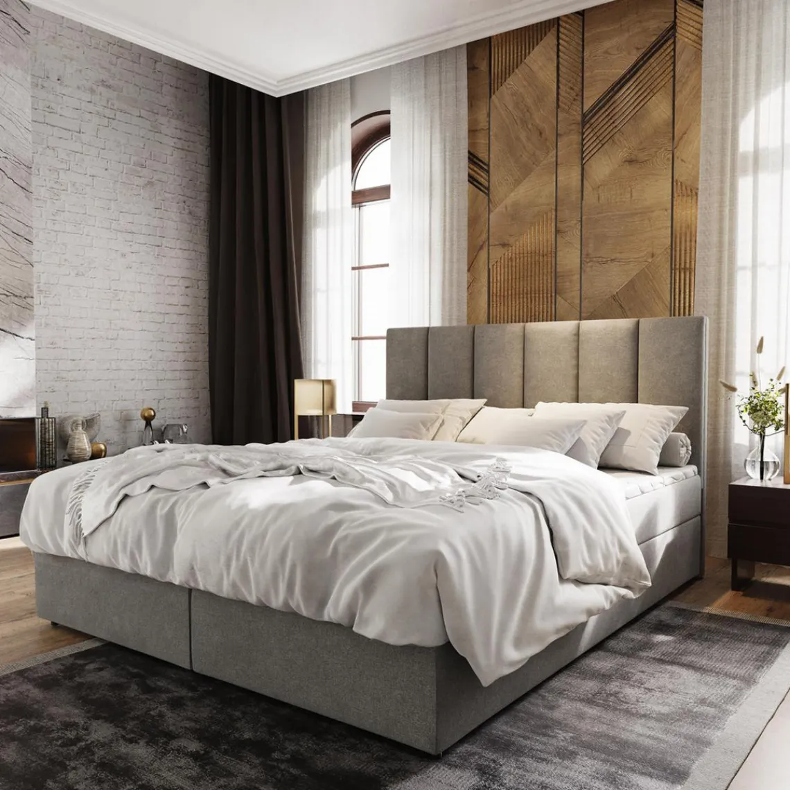 3S. x Home Lit boxspring avec matelas et sur-matelas inclus MERIL 180x220cm Tissu Gris