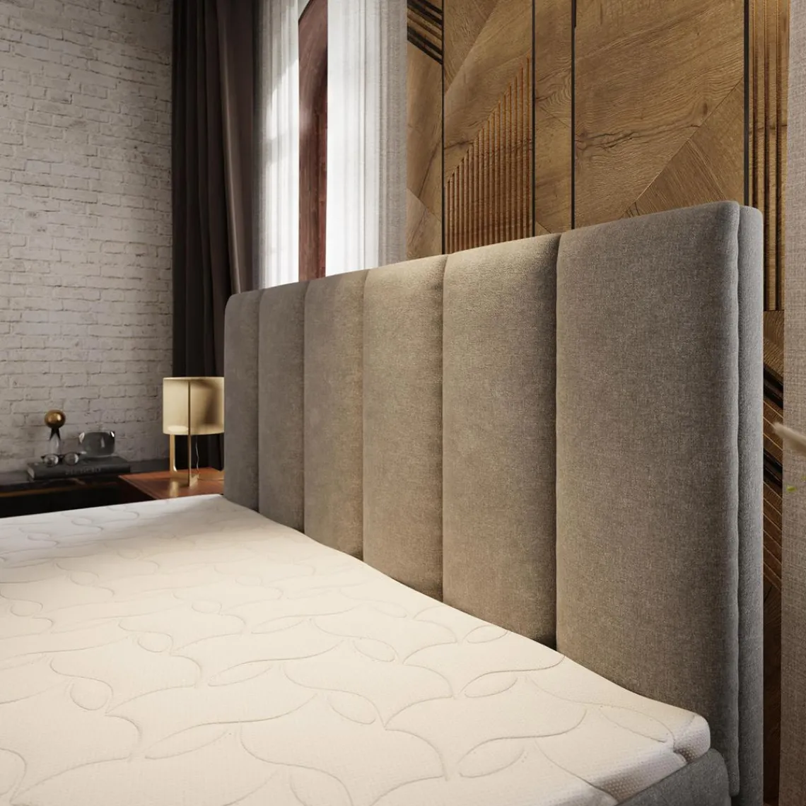 3S. x Home Lit boxspring avec matelas et sur-matelas inclus MERIL 180x220cm Tissu Gris