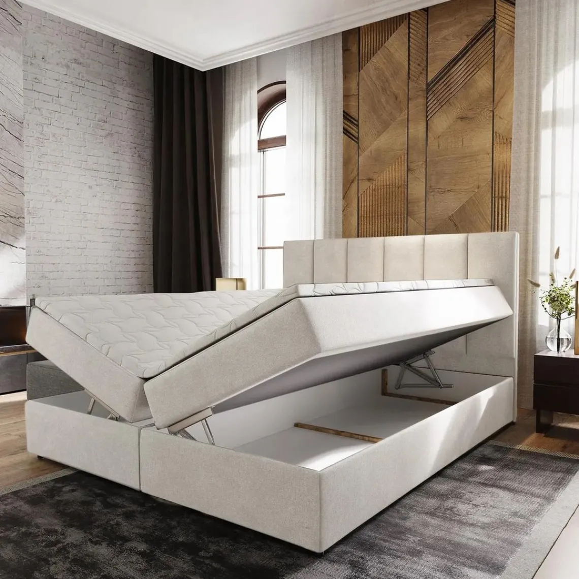 3S. x Home Lit boxspring avec matelas et sur-matelas inclus MERIL 160x200cm Tissu Beige
