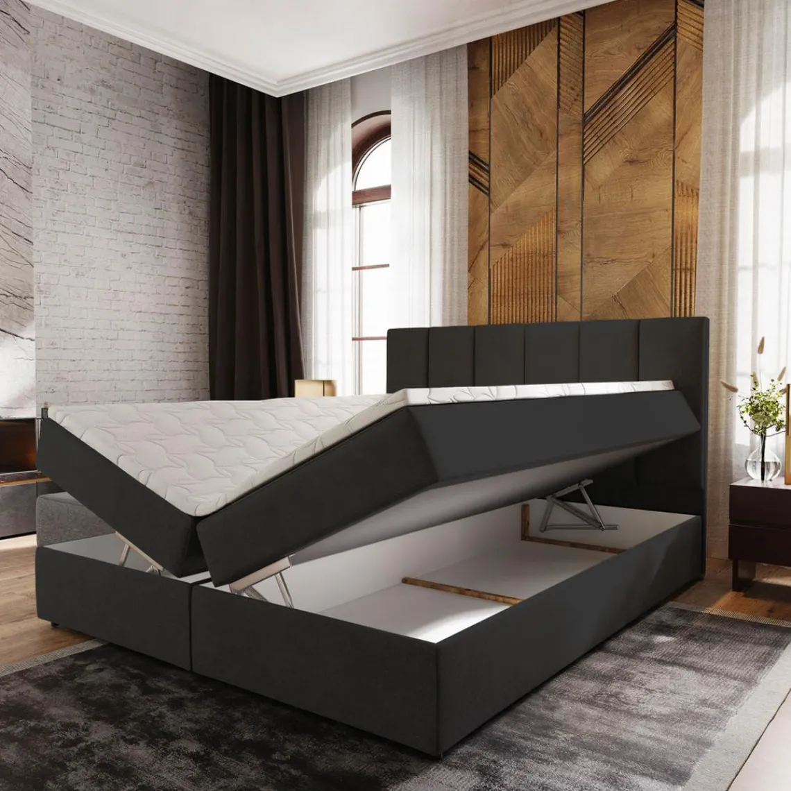 3S. x Home Lit boxspring avec matelas et sur-matelas inclus MERIL 180x220cm Simili Noir Best