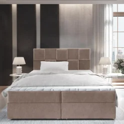 3S. x Home Lit boxspring avec matelas et sur-matelas inclus PRATA 160x220cm Velours Taupe New