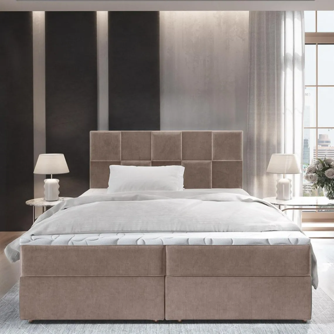 3S. x Home Lit boxspring avec matelas et sur-matelas inclus PRATA 160x220cm Velours Taupe New