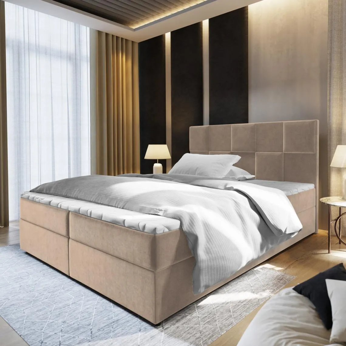 3S. x Home Lit boxspring avec matelas et sur-matelas inclus PRATA 160x220cm Velours Taupe New