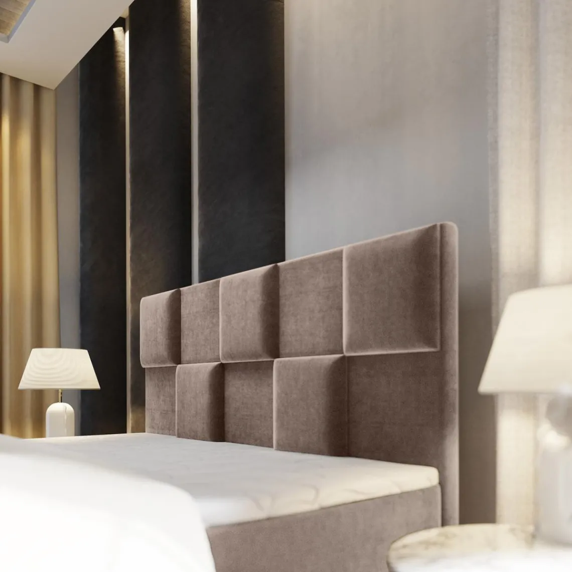 3S. x Home Lit boxspring avec matelas et sur-matelas inclus PRATA 160x220cm Velours Taupe New