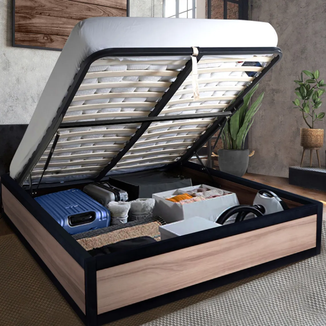 SAMPUR Lit coffre boston bois clair Discount