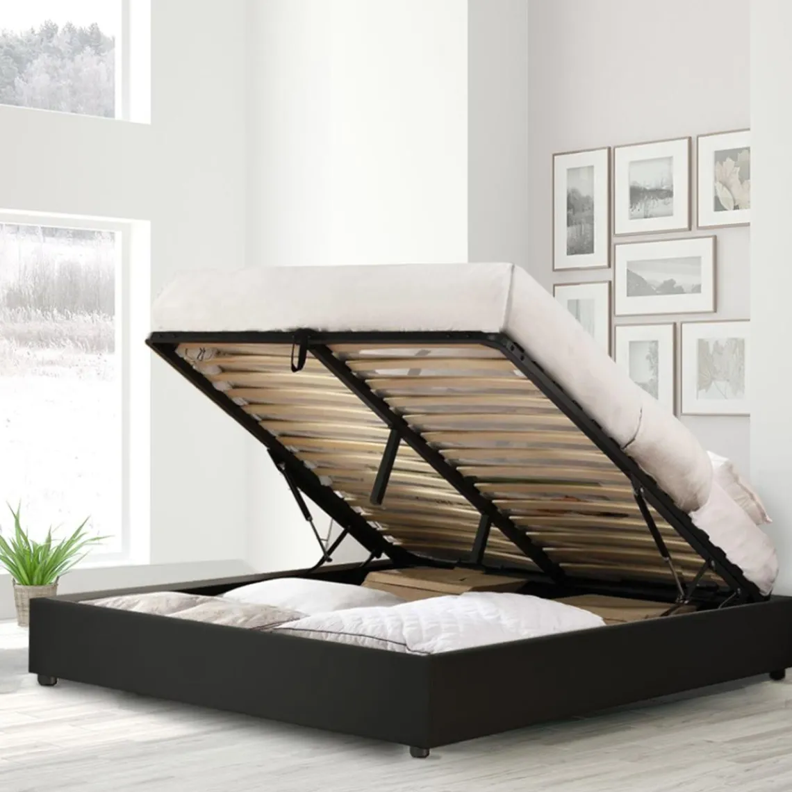 SAMPUR Lit coffre cancun similicuir noir