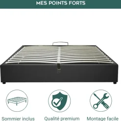 SAMPUR Lit coffre cancun similicuir noir
