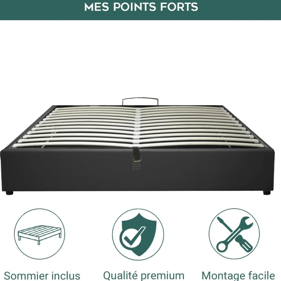 SAMPUR Lit coffre cancun similicuir noir