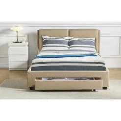 3S. x Home Lit Double FROWELL Avec Tiroir De Rangement Intégré Et Sommier 140x190cm Tissu Beige Outlet