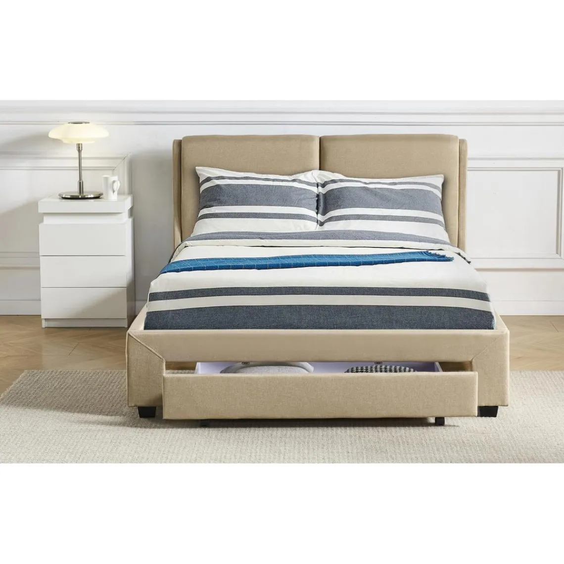 3S. x Home Lit Double FROWELL Avec Tiroir De Rangement Intégré Et Sommier 140x190cm Tissu Beige Outlet