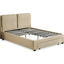 3S. x Home Lit Double FROWELL Avec Tiroir De Rangement Intégré Et Sommier 140x190cm Tissu Beige Outlet