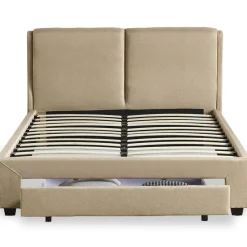 3S. x Home Lit Double FROWELL Avec Tiroir De Rangement Intégré Et Sommier 140x190cm Tissu Beige Outlet