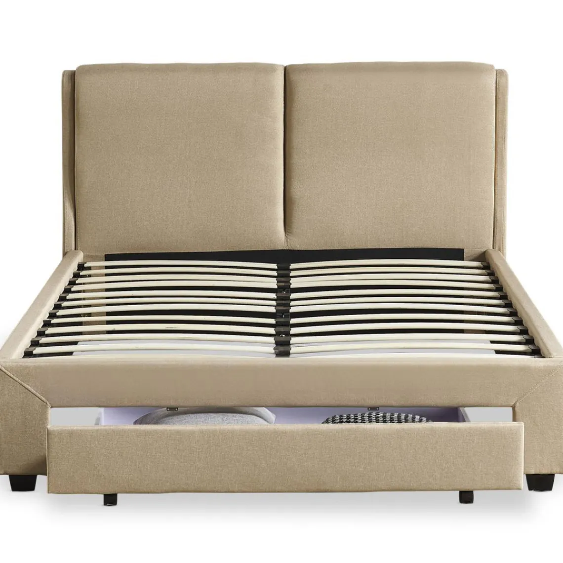 3S. x Home Lit Double FROWELL Avec Tiroir De Rangement Intégré Et Sommier 140x190cm Tissu Beige Outlet