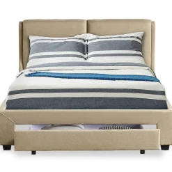 3S. x Home Lit Double FROWELL Avec Tiroir De Rangement Intégré Et Sommier 140x190cm Tissu Beige Outlet