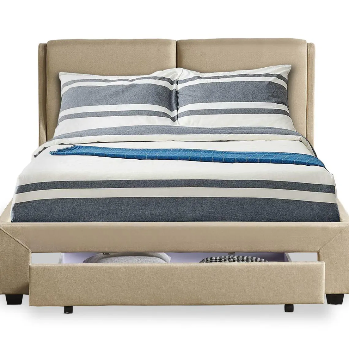 3S. x Home Lit Double FROWELL Avec Tiroir De Rangement Intégré Et Sommier 140x190cm Tissu Beige Outlet