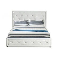 3S. x Home Lit double GRIMALI avec sommier relevable 160x200cm Simili Blanc Discount