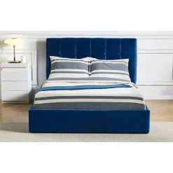 3S. x Home Lit Double LUFTANI Avec Sommier Relevable 160x200cm Velours Bleu Clearance