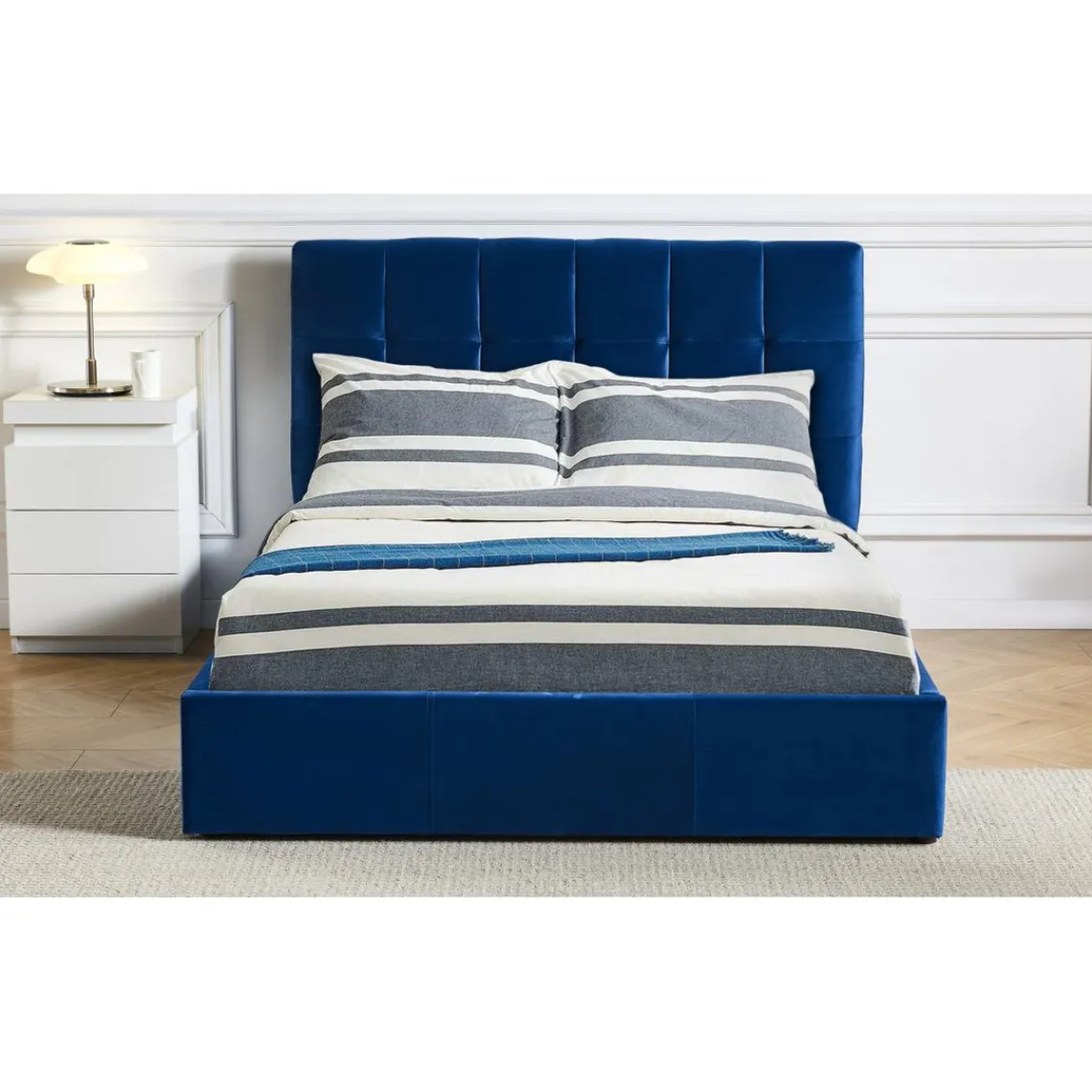 3S. x Home Lit Double LUFTANI Avec Sommier Relevable 160x200cm Velours Bleu Clearance