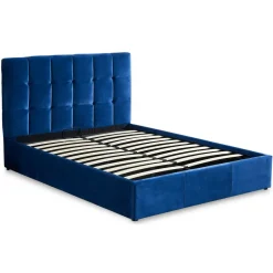 3S. x Home Lit Double LUFTANI Avec Sommier Relevable 180x200cm Velours Bleu