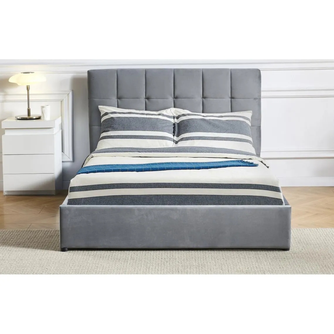 3S. x Home Lit Double LUFTANI Avec Sommier Relevable 160x200cm Velours Argent