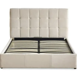 3S. x Home Lit Double LUFTANI Avec Sommier Relevable 140x190cm Velours Beige New