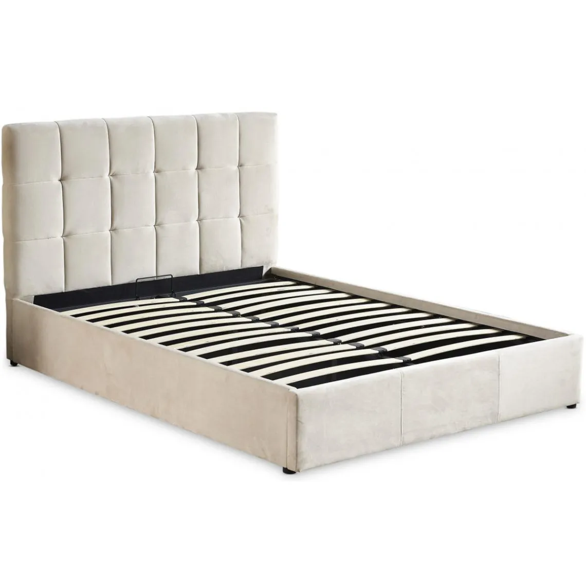 3S. x Home Lit Double LUFTANI Avec Sommier Relevable 140x190cm Velours Beige New