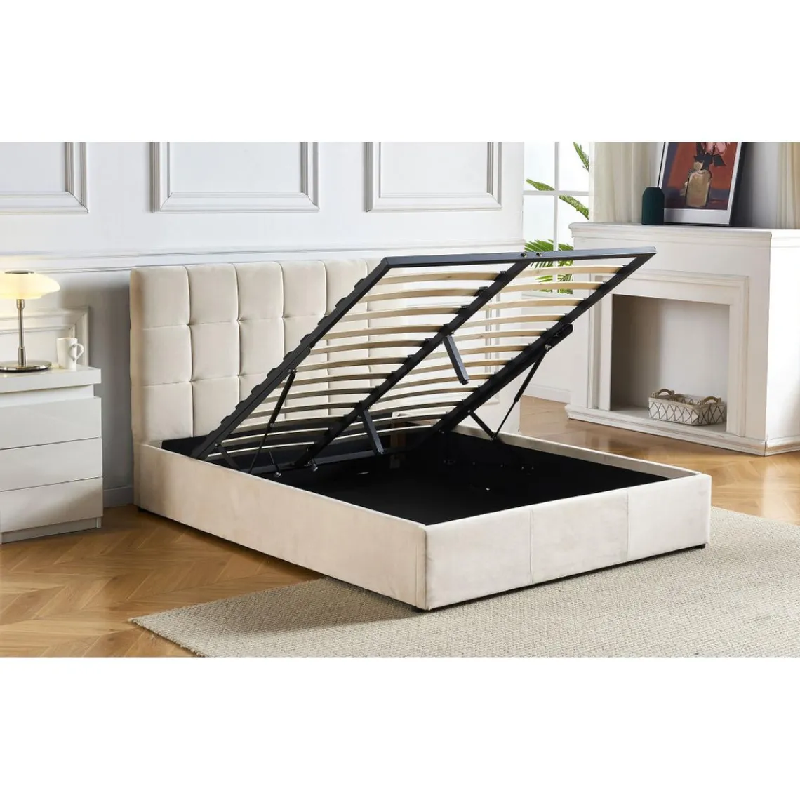 3S. x Home Lit Double LUFTANI Avec Sommier Relevable 140x190cm Velours Beige New