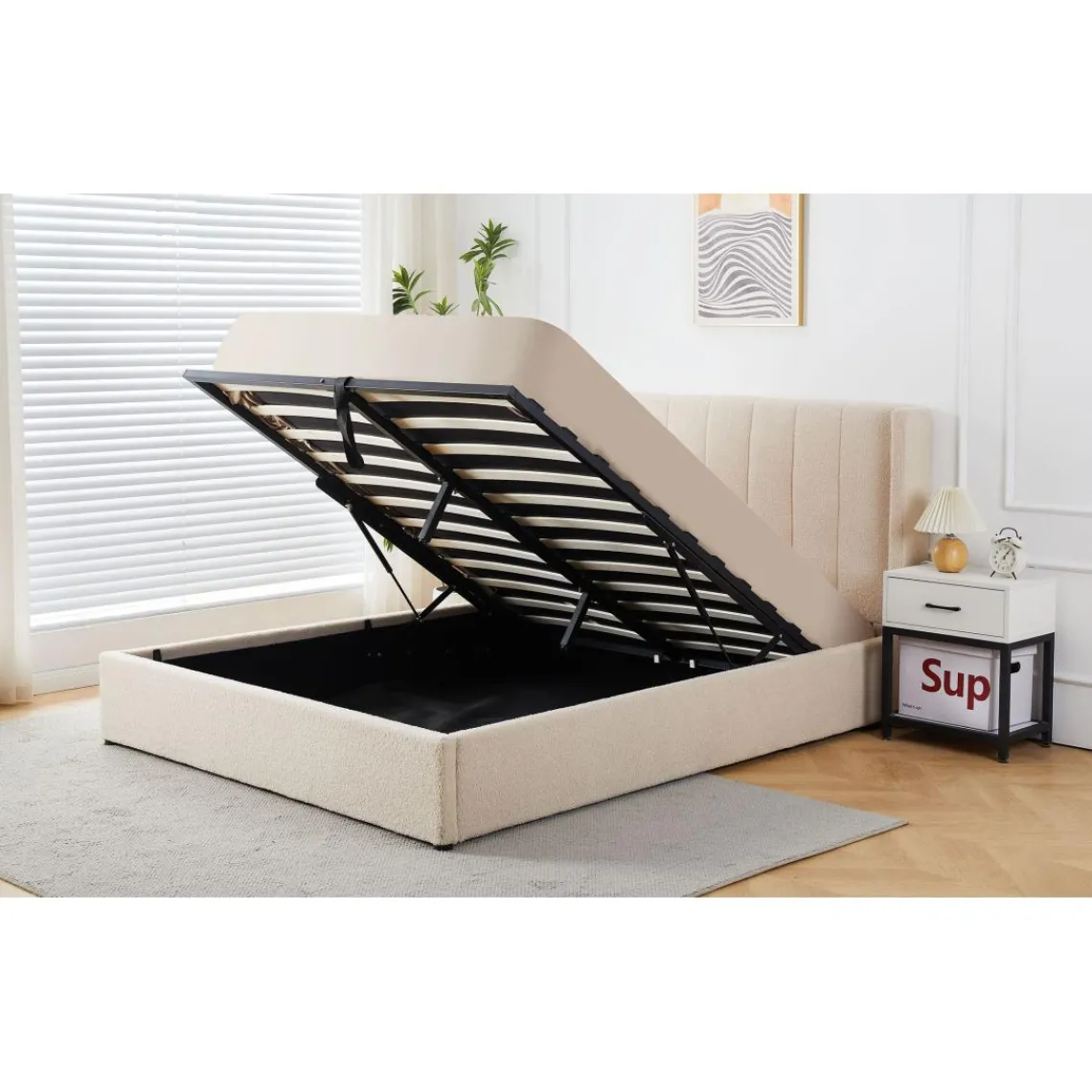 3S. x Home Lit double Magorial avec sommier relevable Tissu Bouclette Crème Outlet