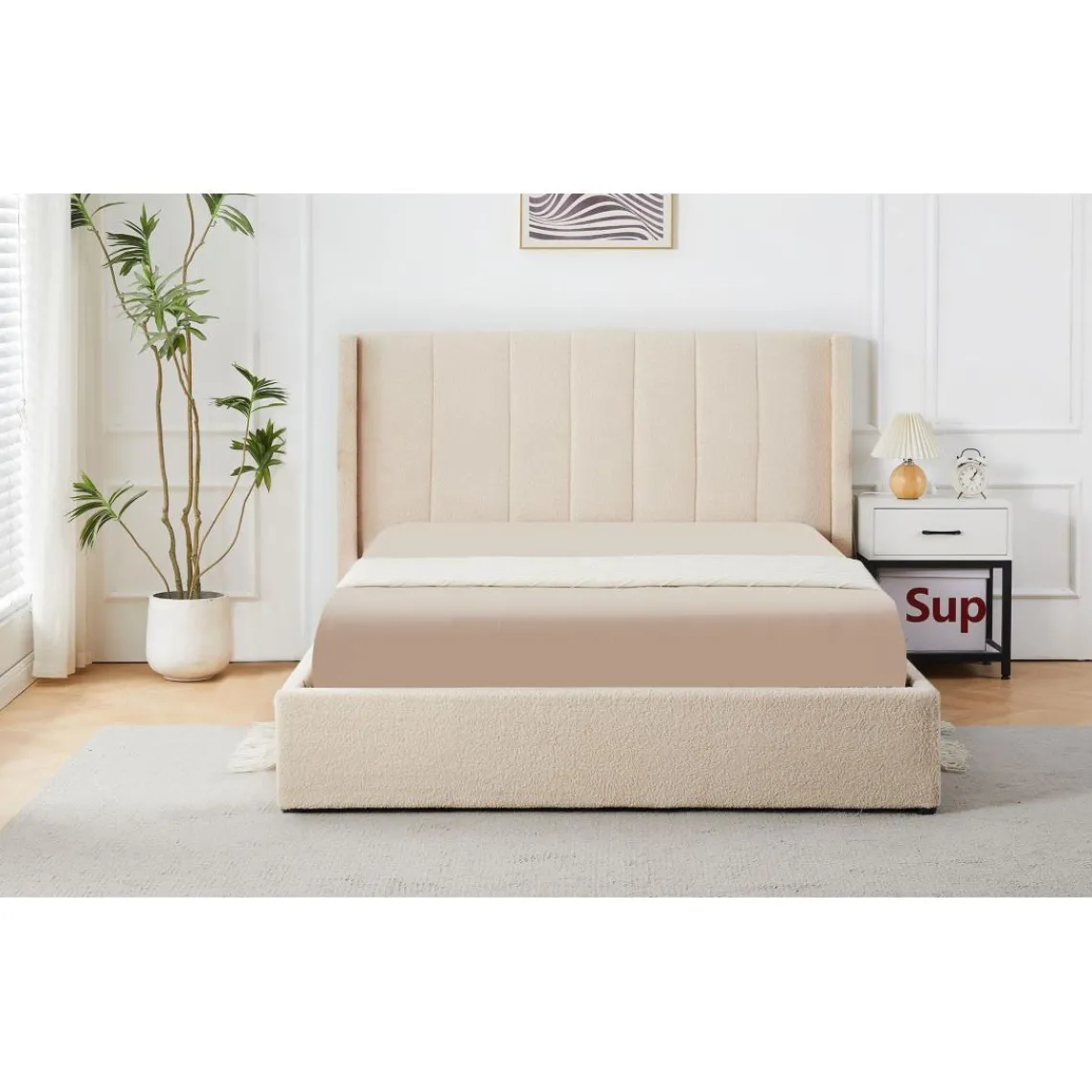 3S. x Home Lit double Magorial avec sommier relevable Tissu Bouclette Crème Outlet