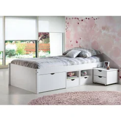 3S. x Home Lit En Bois Avec 4 Espaces De Rangement 90x200 KALO Blanc Best