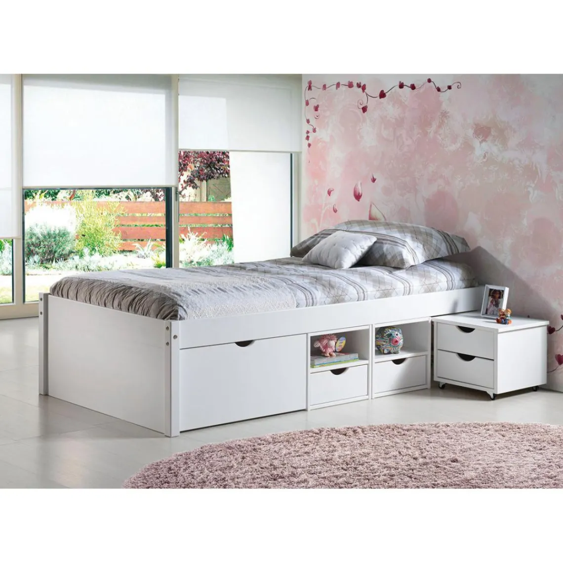 3S. x Home Lit En Bois Avec 4 Espaces De Rangement 90x200 KALO Blanc Best