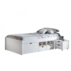 3S. x Home Lit En Bois Avec 4 Espaces De Rangement 90x200 KALO Blanc Best