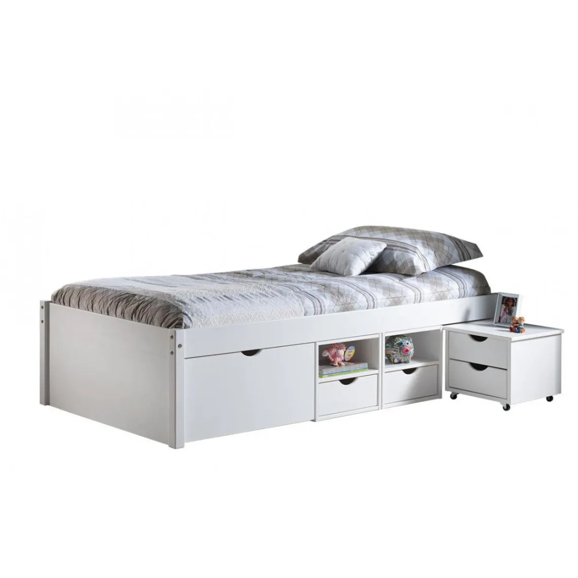 3S. x Home Lit En Bois Avec 4 Espaces De Rangement 90x200 KALO Blanc Best