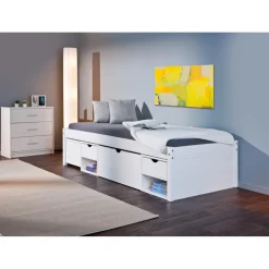 3S. x Home Lit En Bois Avec 4 Espaces De Rangement 90x200 KALO Blanc Best