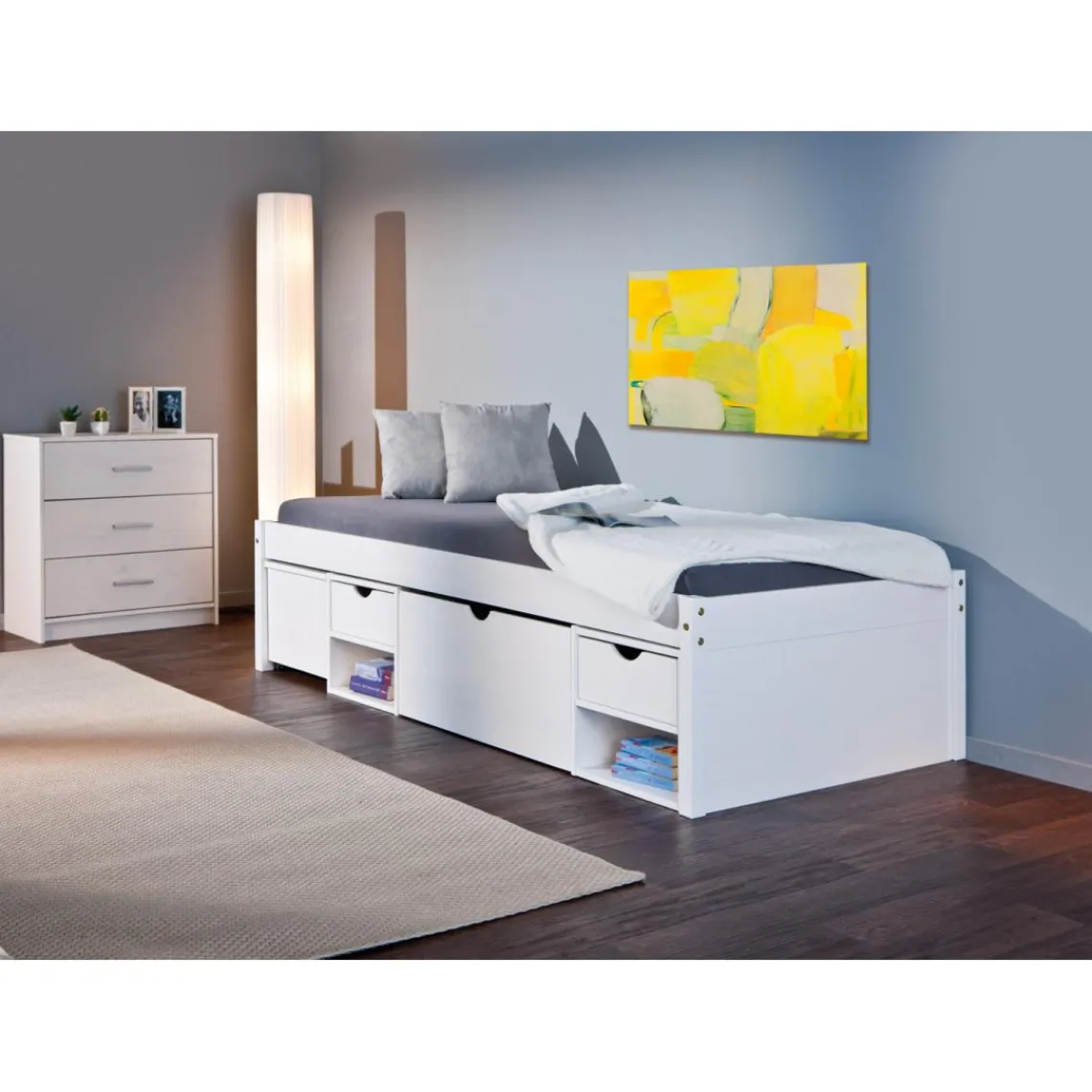3S. x Home Lit En Bois Avec 4 Espaces De Rangement 90x200 KALO Blanc Best