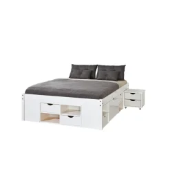 3S. x Home Lit En Pin Massif Avec Espaces De Rangement Mobiles 160x200 KOLO Blanc