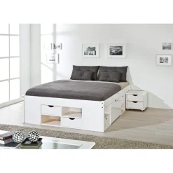 3S. x Home Lit En Pin Massif Avec Espaces De Rangement Mobiles 160x200 KOLO Blanc