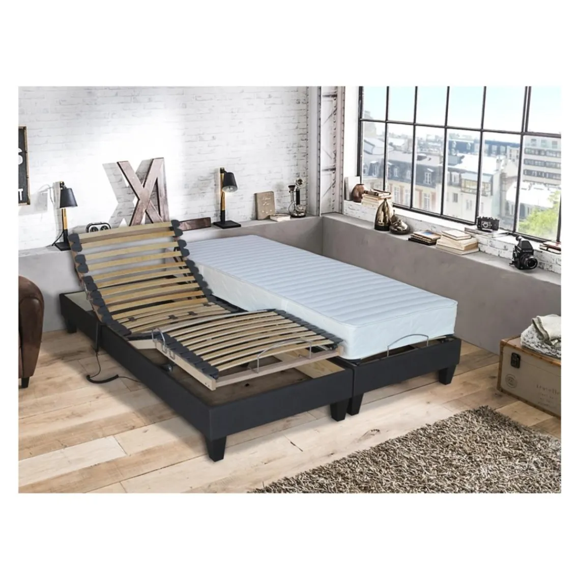 Selenia Lit Relaxation 100% Latex 5 Zones + Sommier Tissu Gris Déco Lattes Flexibles Avec Réglage Fermeté Au Niveau Lombaire New