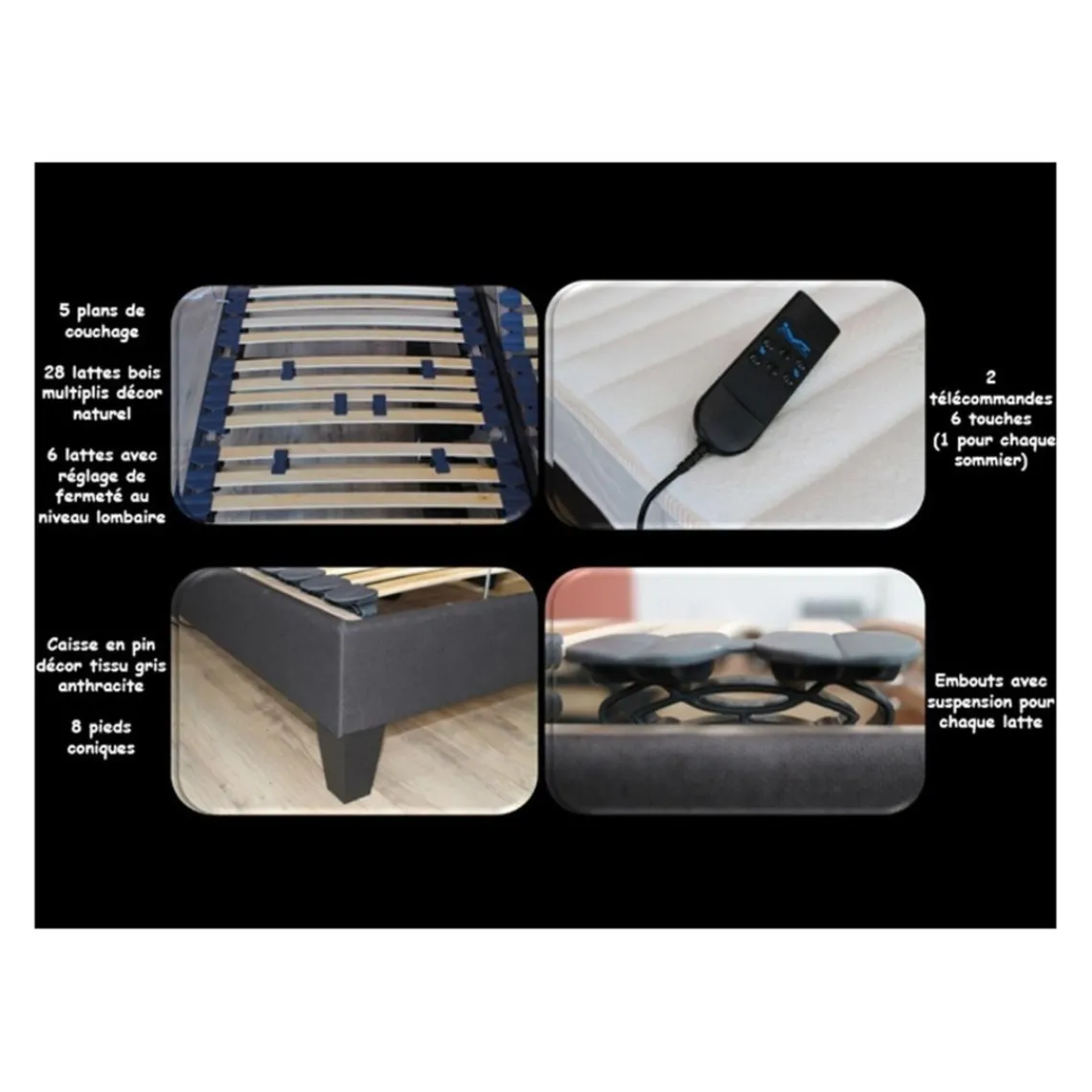 Selenia Lit Relaxation 100% Latex 5 Zones + Sommier Tissu Gris Déco Lattes Flexibles Avec Réglage Fermeté Au Niveau Lombaire New