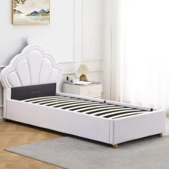 3S. x Home Lit simple avec tête de lit coquillage et sommier relevable Queenie Simili Blanc Online