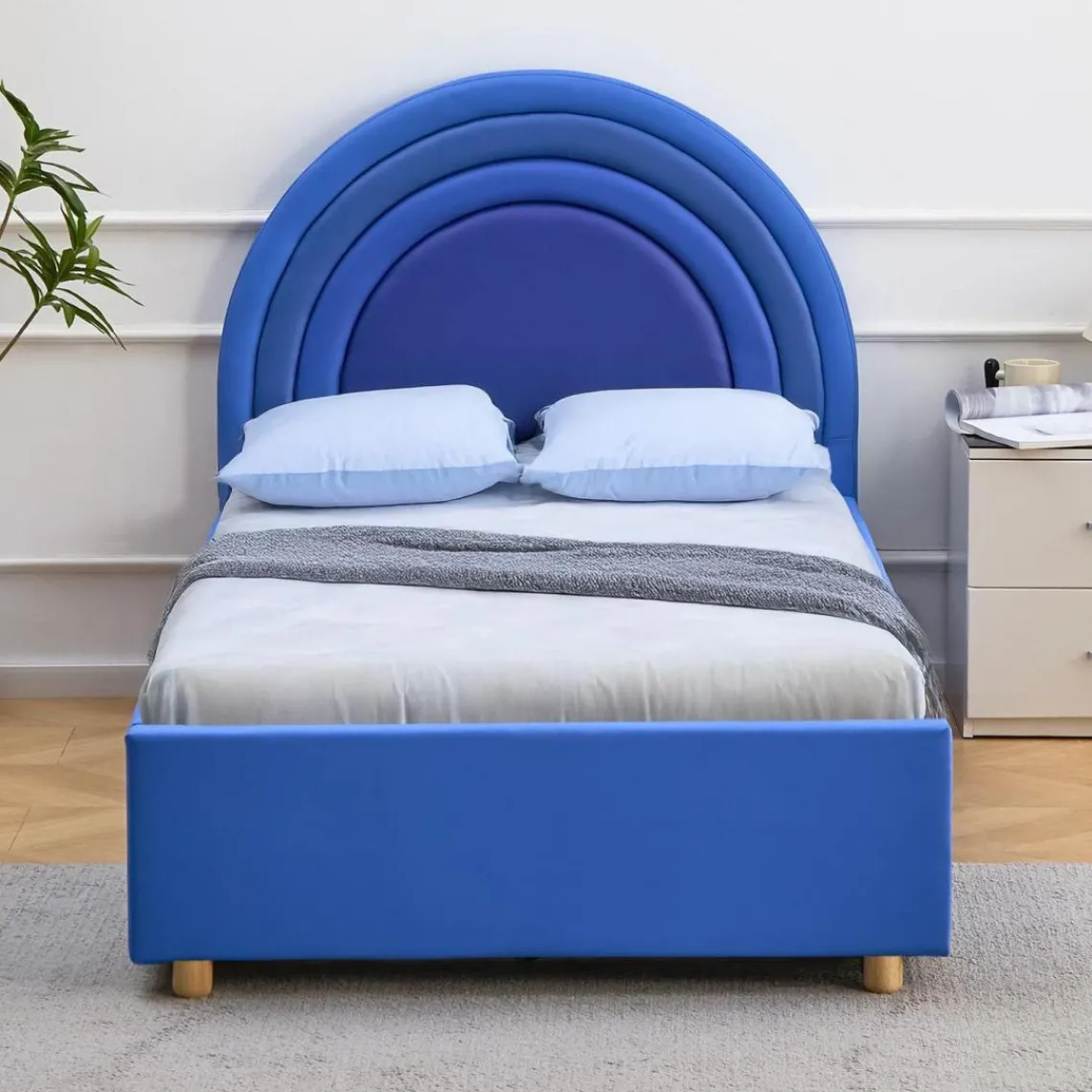 3S. x Home Lit simple avec tête de lit en arche et sommier relevable Bedbow Simili Bleu Outlet