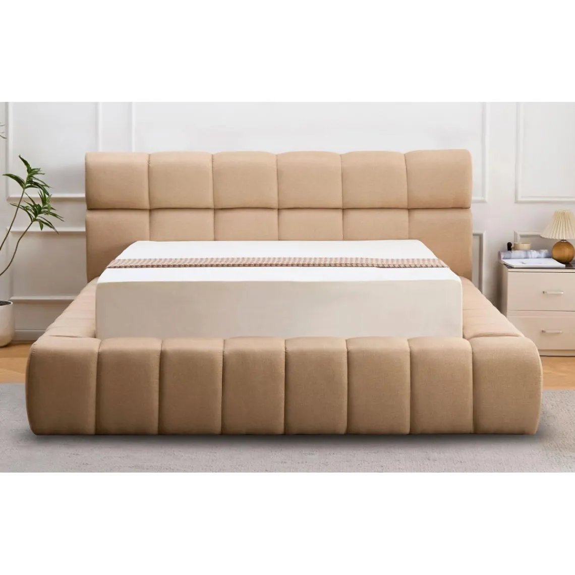 3S. x Home Lit-coffre complet avec rebords matelassés Tissu Beige Challow Sale