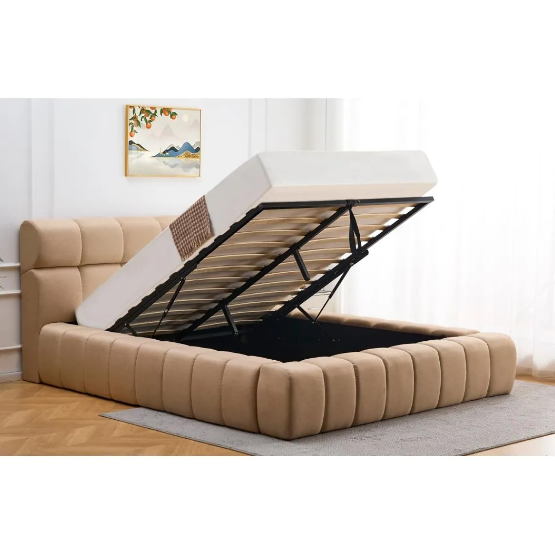 3S. x Home Lit-coffre complet avec rebords matelassés Tissu Beige Challow Sale