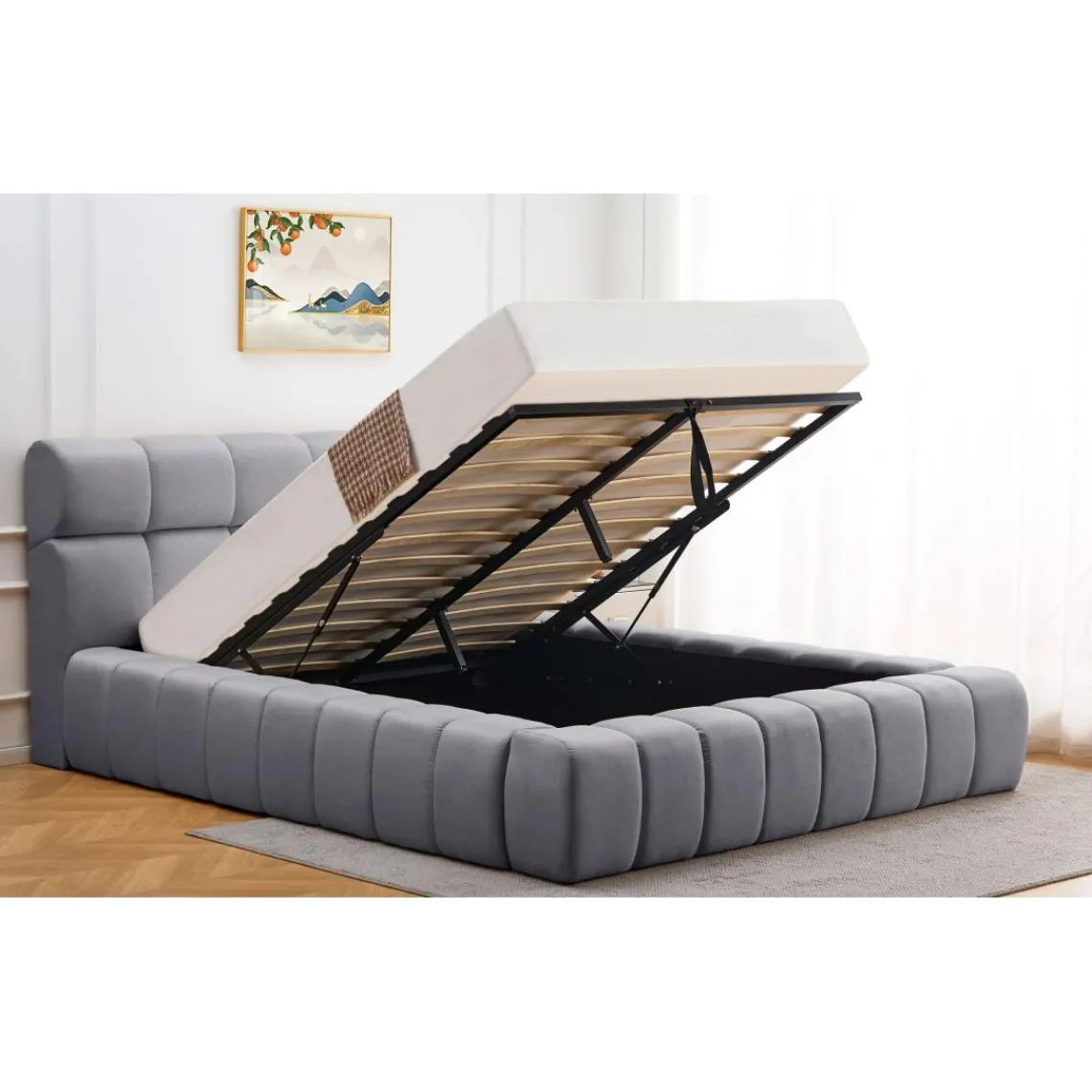 3S. x Home Lit-coffre complet avec rebords matelassés Tissu Gris foncé Challow