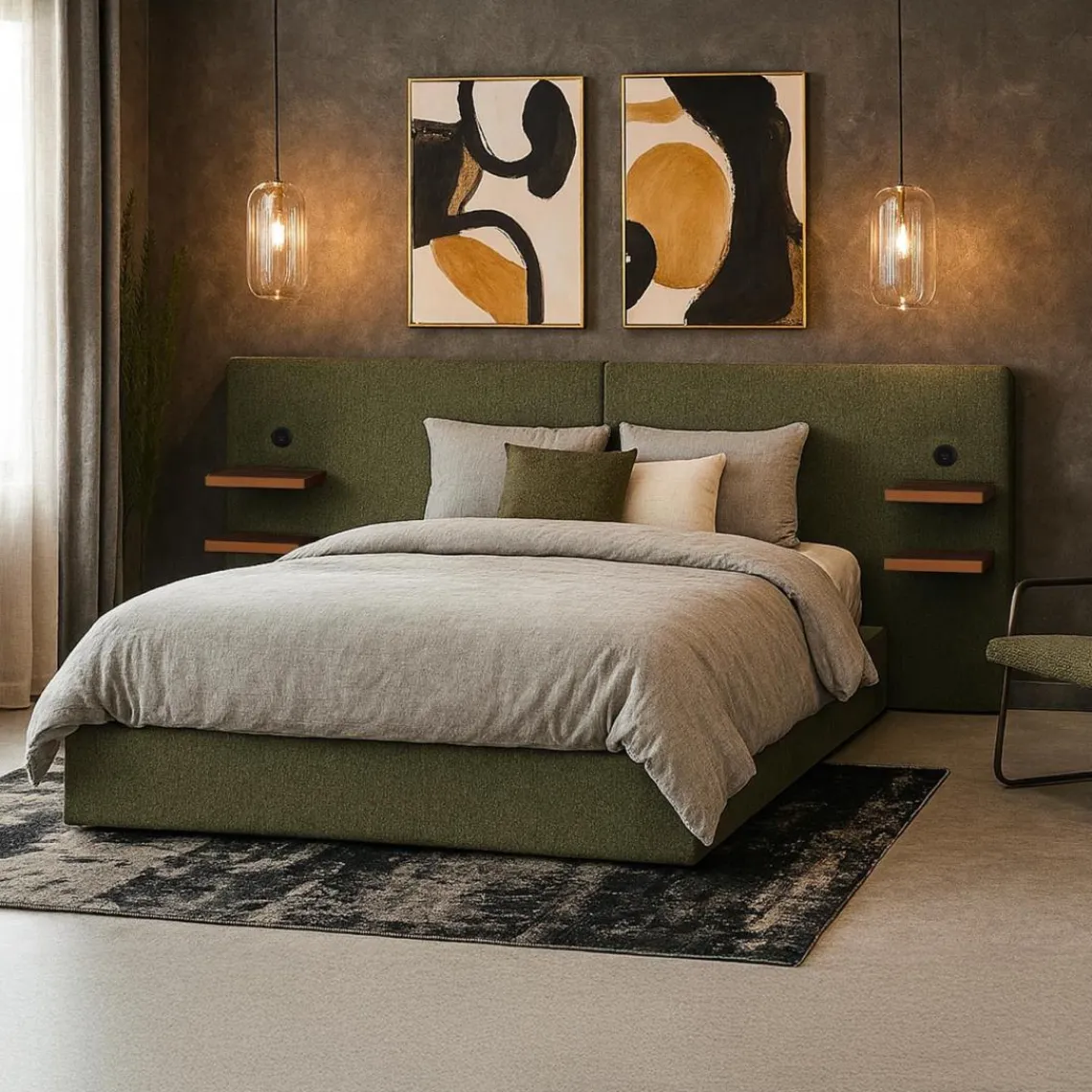 3S. x Home Lit-coffre complet avec tablettes et ports USB intégrés Lukas Tissu Vert New