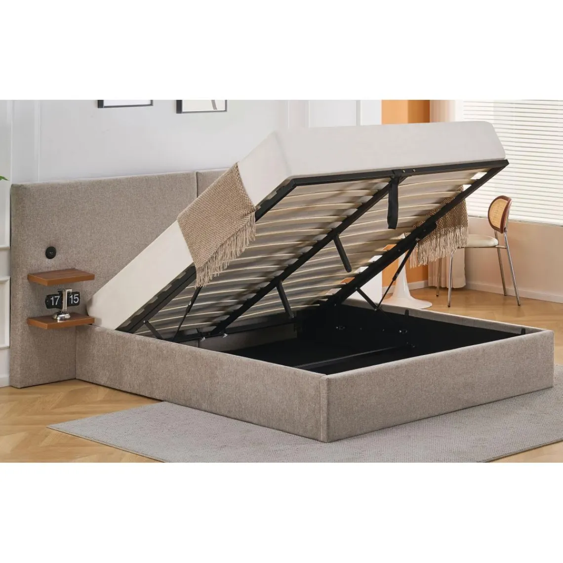 3S. x Home Lit-coffre complet avec tablettes et ports USB intégrés Lukas Tissu Taupe clair Best