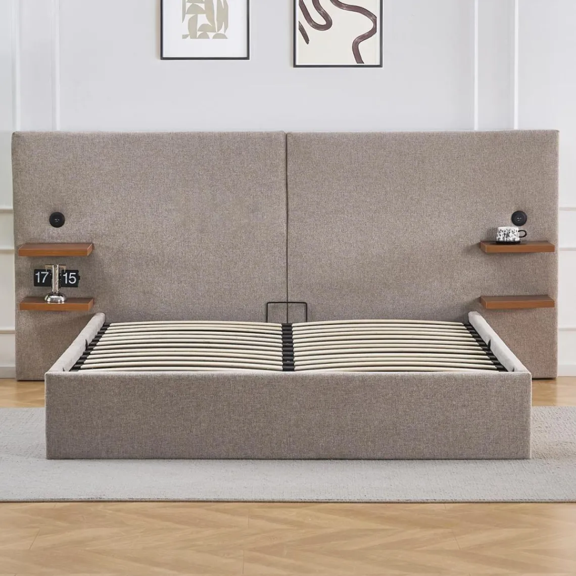 3S. x Home Lit-coffre complet avec tablettes et ports USB intégrés Lukas Tissu Taupe clair Best