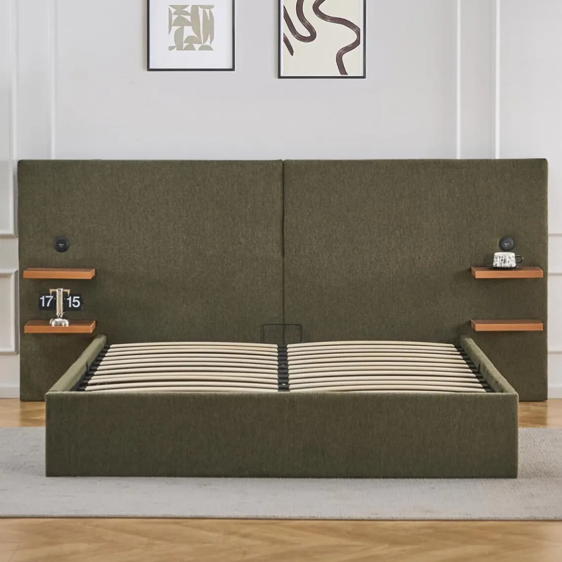 3S. x Home Lit-coffre complet avec tablettes et ports USB intégrés Lukas Tissu Vert