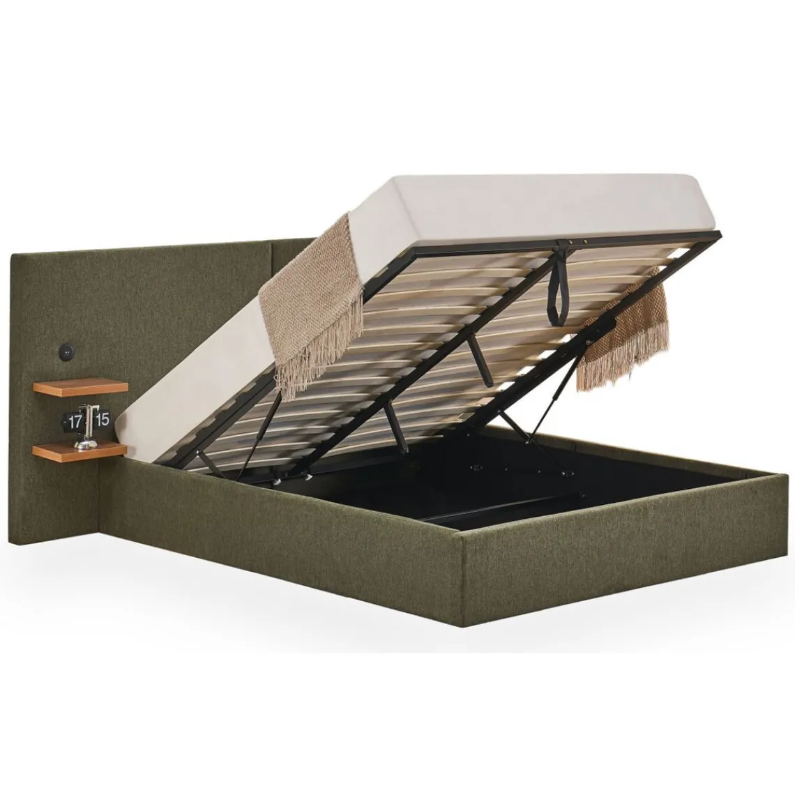 3S. x Home Lit-coffre complet avec tablettes et ports USB intégrés Lukas Tissu Vert